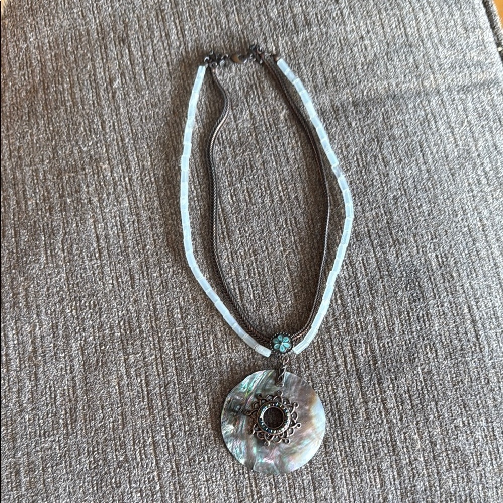 Elegant Shell Pendant Necklace by Avon, 15”,  Bronze metal & plastic tubing